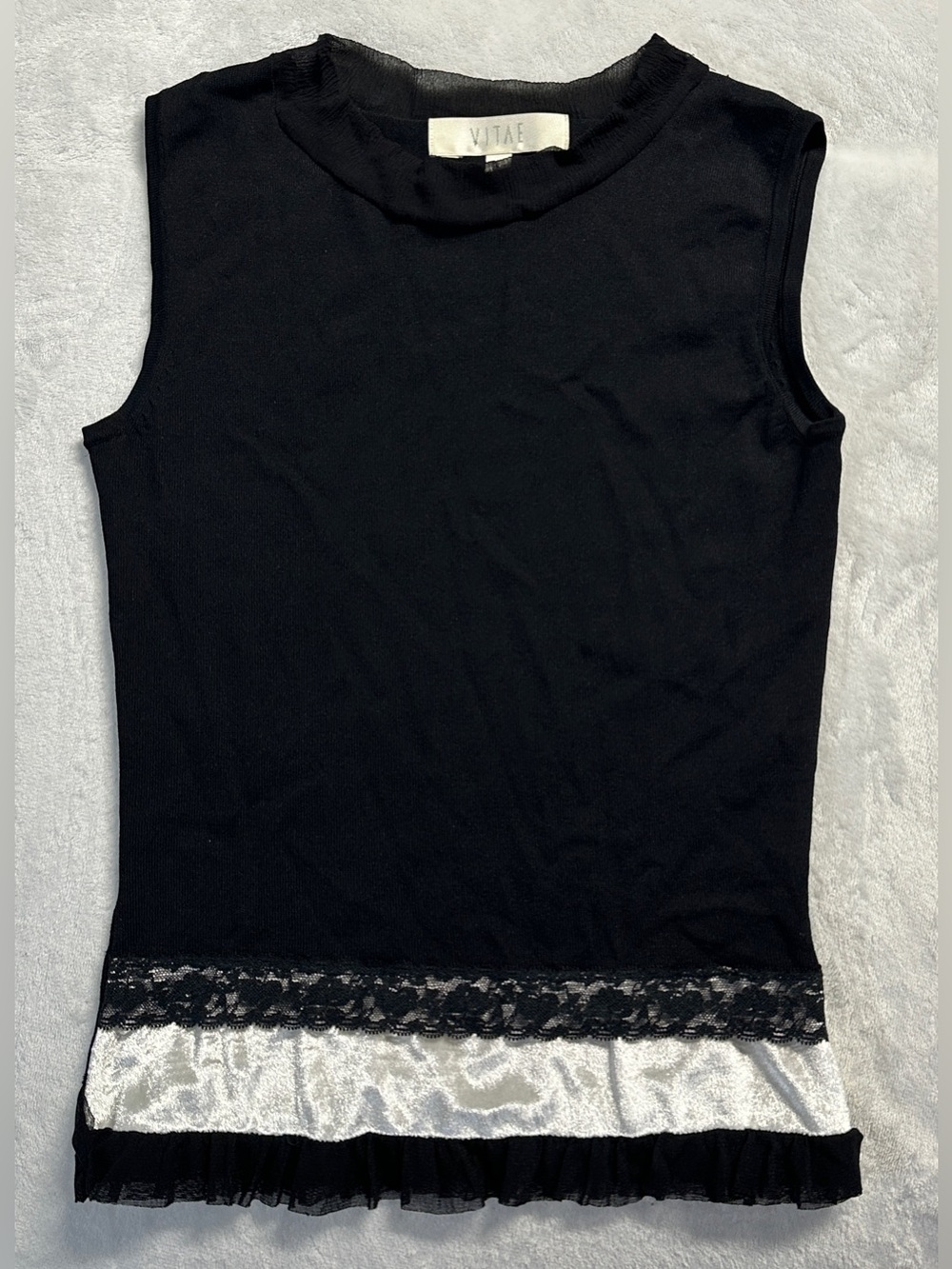 VITAE women's black viscose sheer lace velvet trim tank, S.